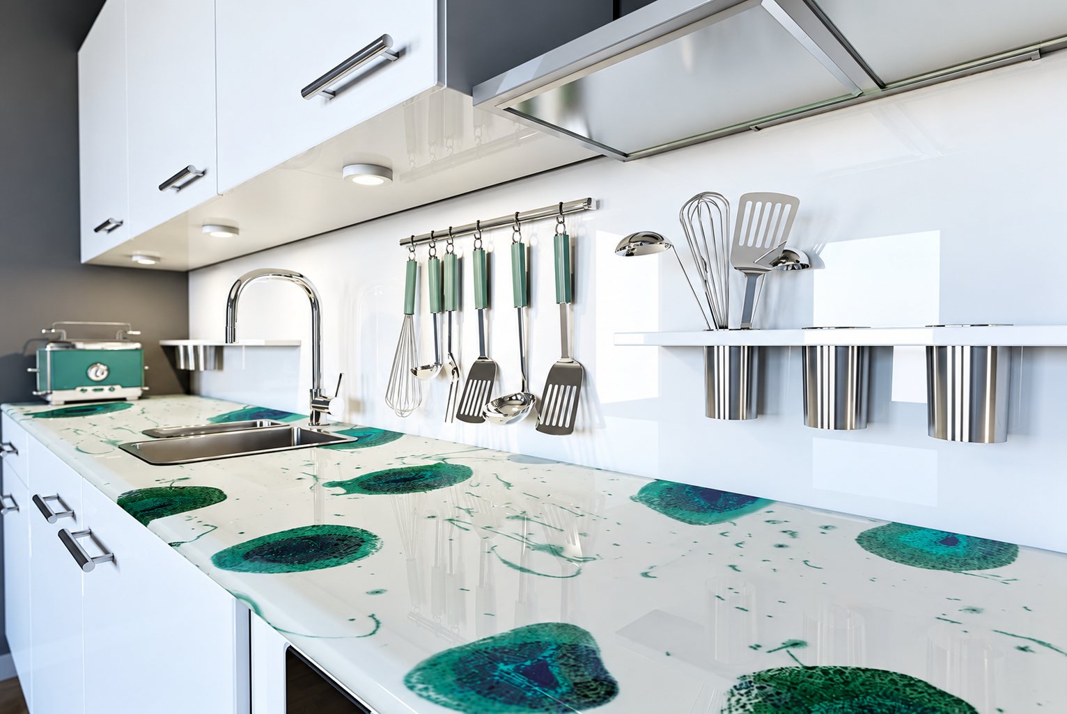 Cuisine moderne aux meubles blancs avec un plan de travail en verre orné de motifs turquoise, un évier chromé et des ustensiles suspendus au mur.