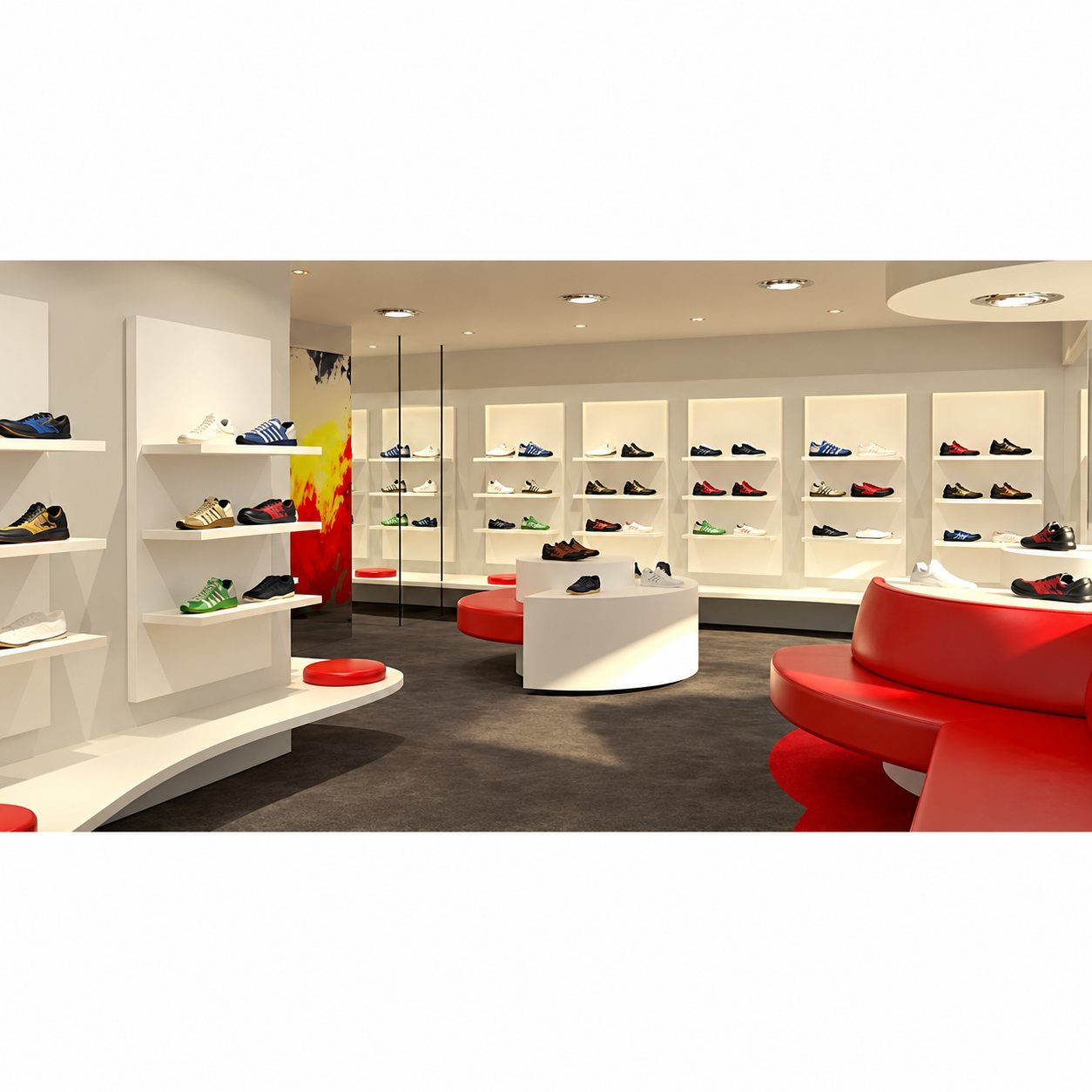 Rendu 3D d’une boutique de chaussures au décor moderne, avec des baskets exposées sur des étagères murales blanches et des assises rouges arrondies.