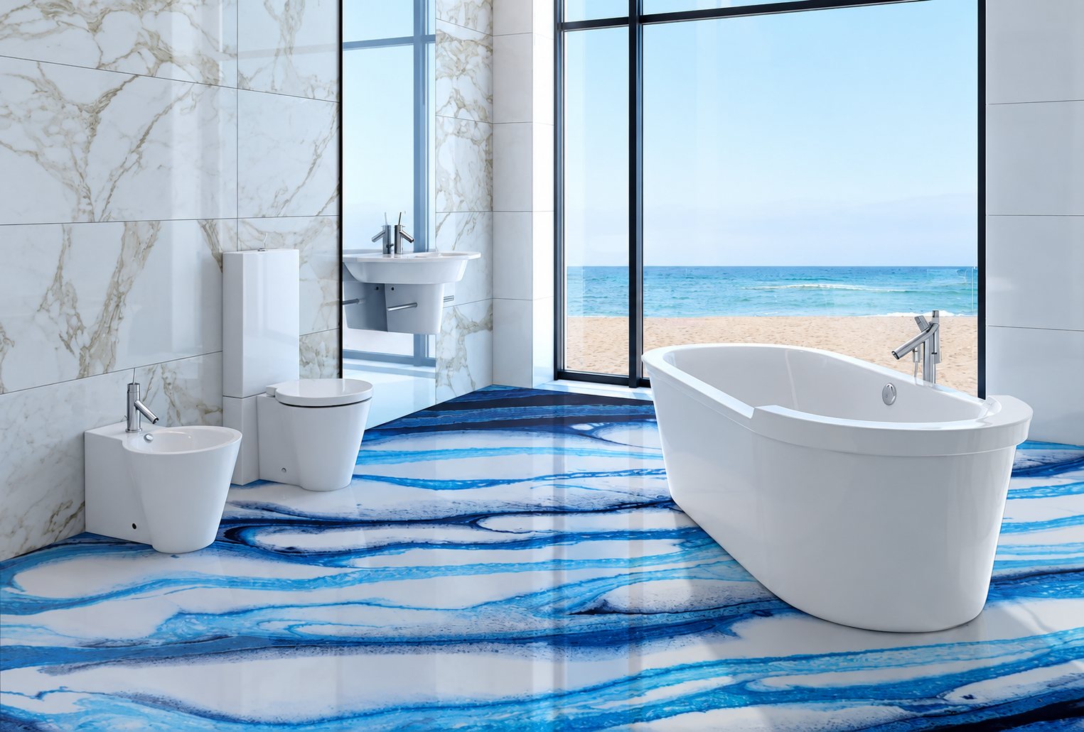 Salle de bain contemporaine aux murs de marbre blanc, avec une baignoire ovale, un sol décoratif aux vagues bleues et une grande baie vitrée donnant sur la plage.