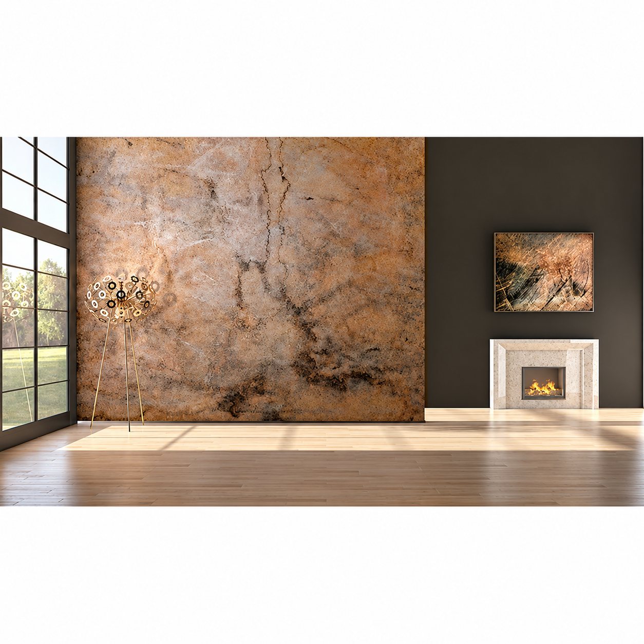 Intérieur moderne et lumineux avec un grand mur à l’aspect de pierre cuivrée, un lampadaire design, une cheminée en marbre et un parquet clair.