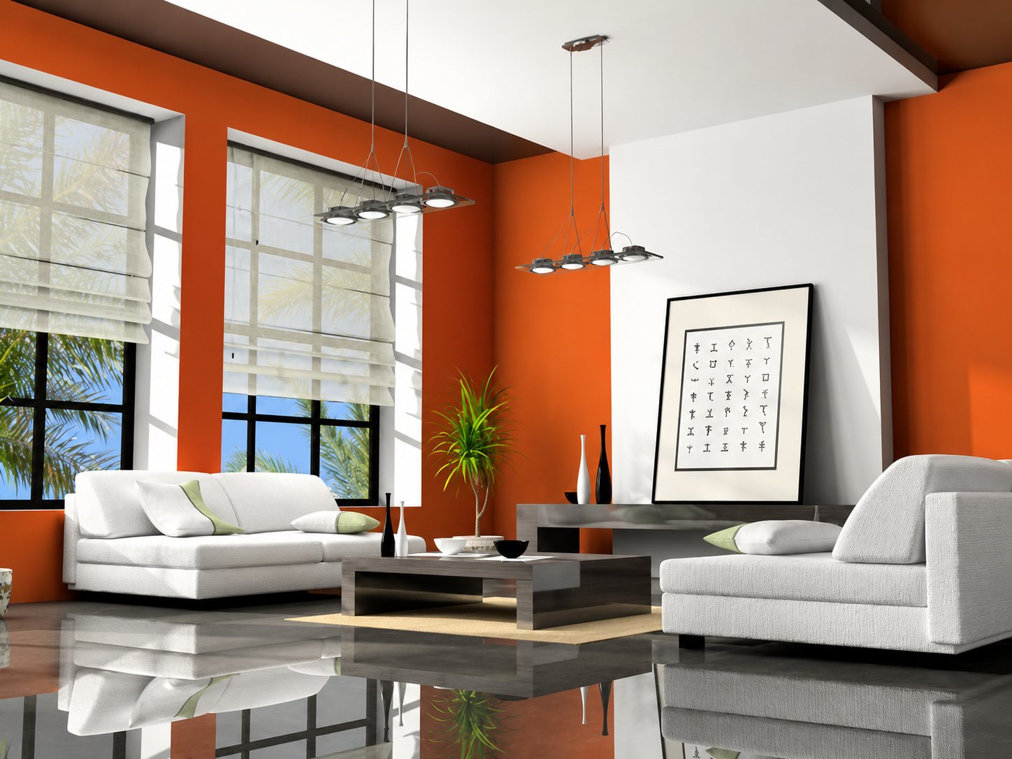 Salon contemporain aux murs orange avec deux canapés blancs, une table basse sombre, des stores clairs et un grand cadre décoratif au mur.
