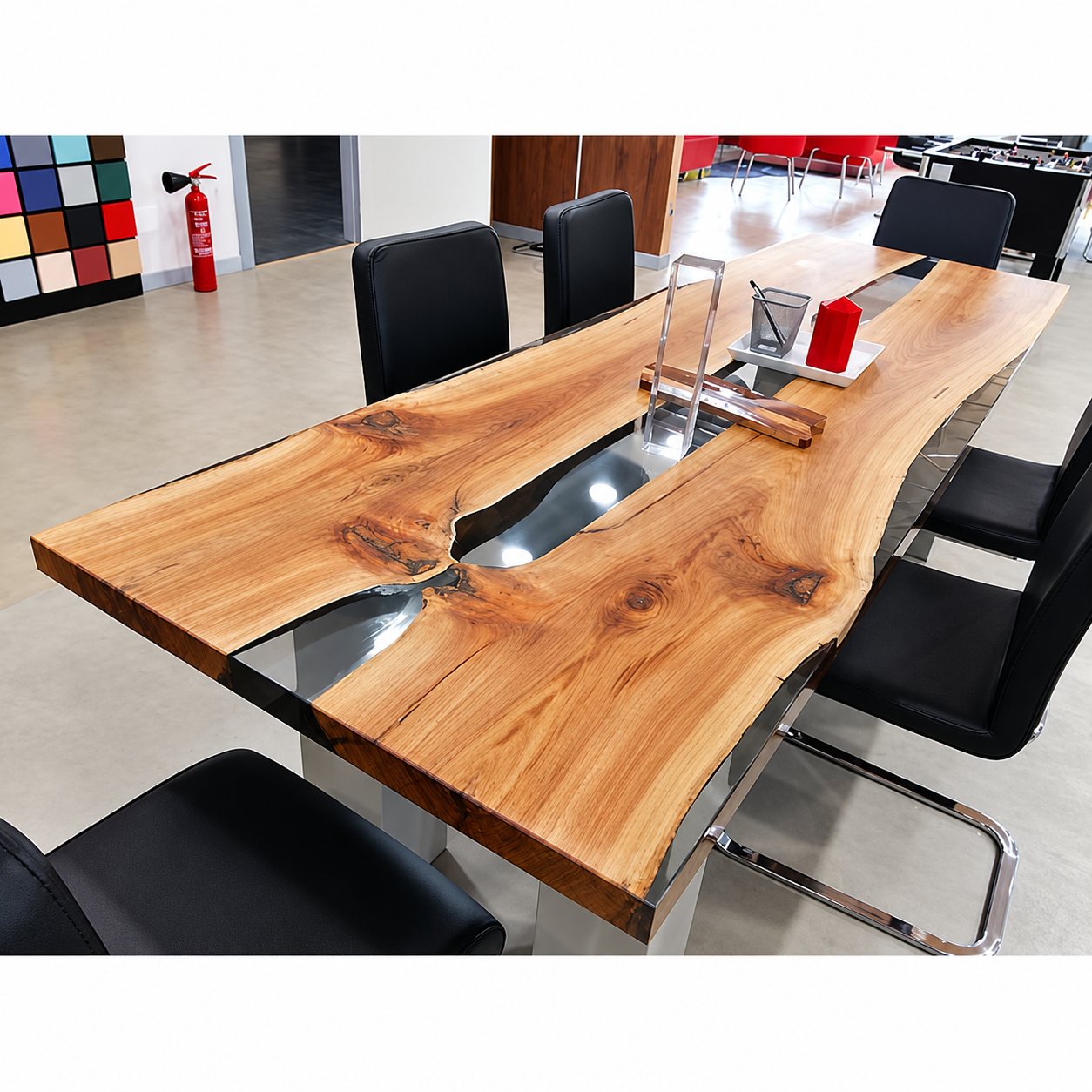 Une grande table en bois massif à bord naturel, traversée par une bande de résine transparente, entourée de chaises noires dans un showroom.