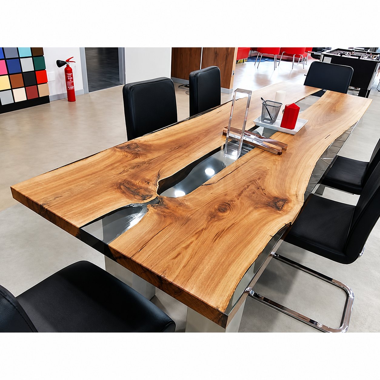 Une grande table en bois massif à bords naturels, avec une veine centrale en résine transparente, entourée de chaises noires dans un showroom.